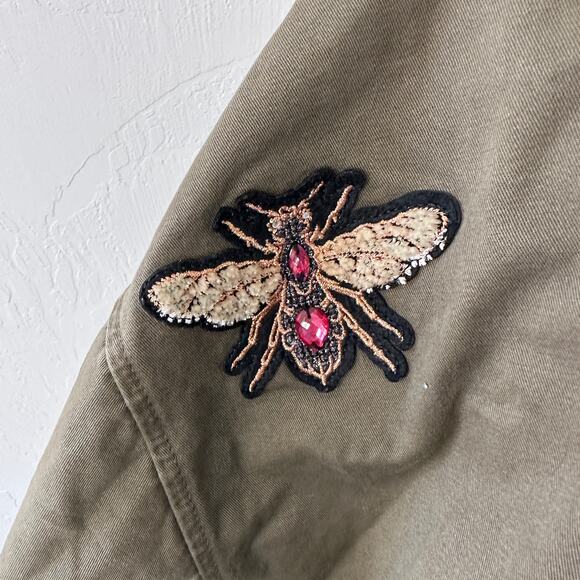 H&M | Womens Army Green Cotton Twill Bird Flower Bee Patch Bomber Jacket Small - Picture 9 of 15